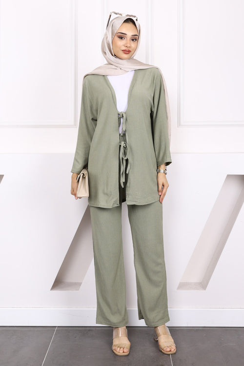 Çağla Ön Bağlamalı Bürümcük Kimono Pantolonlu Takım