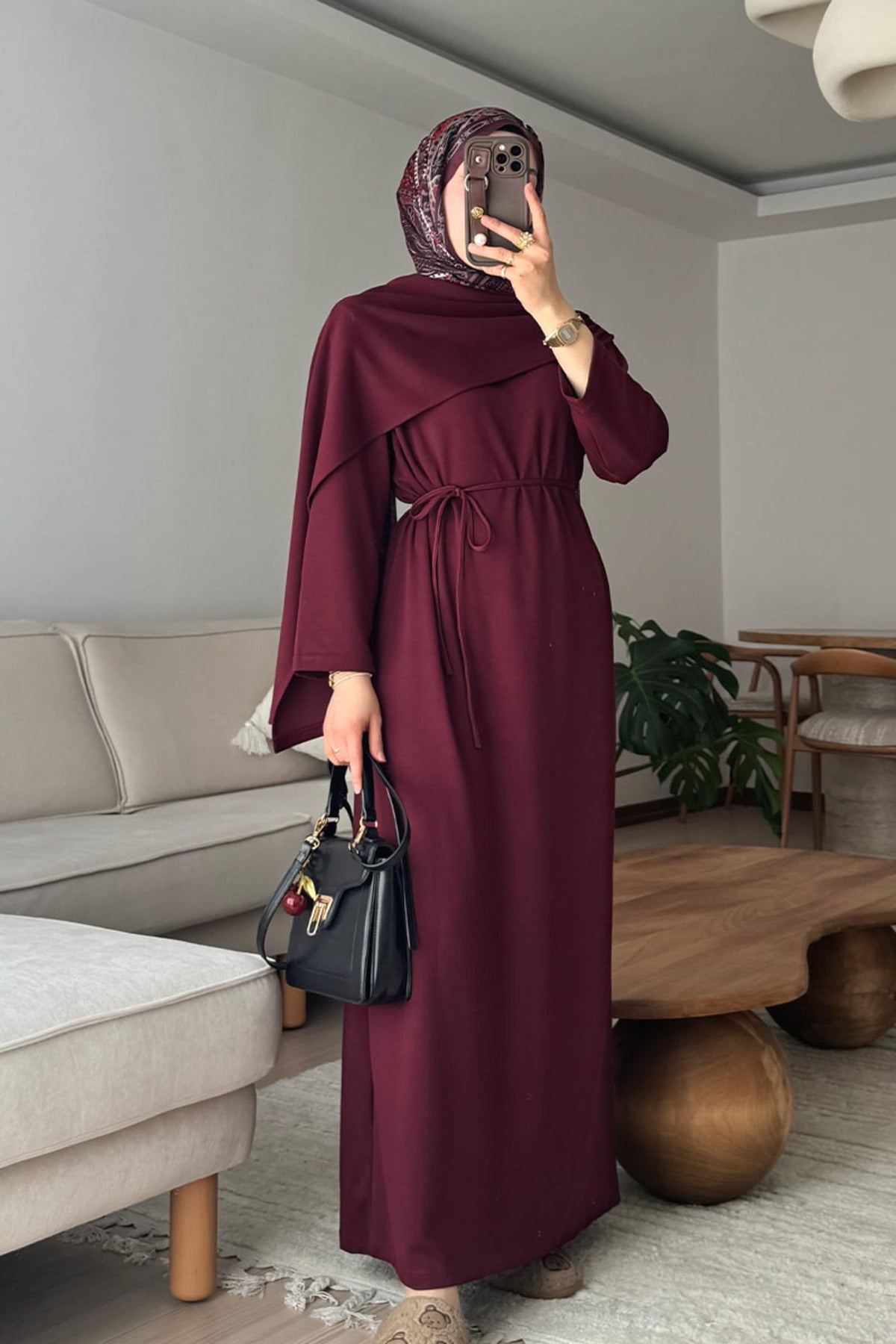 Bordo Şal Yaka Elbise