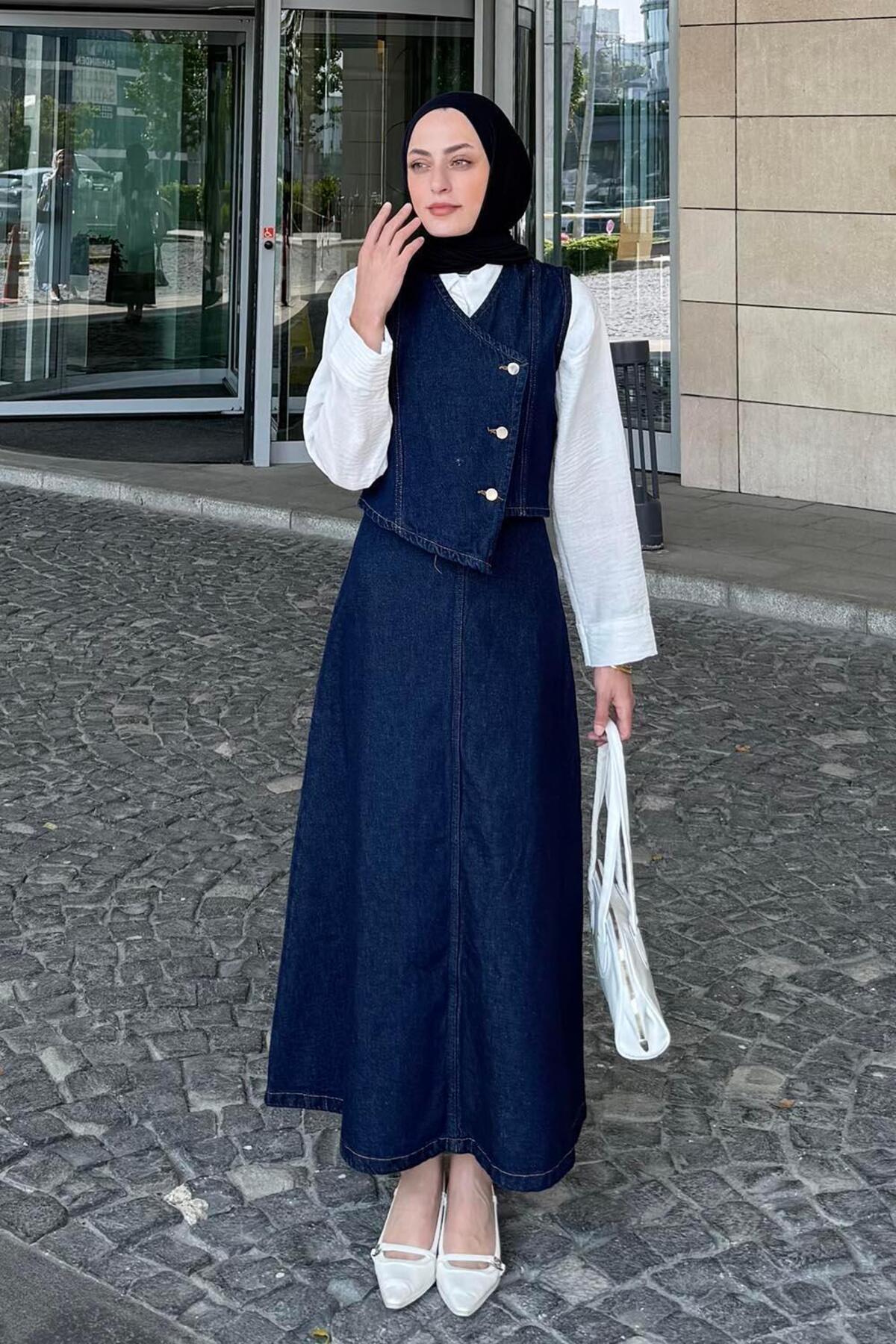 Kruvaz Kapama Kot Etekli Takım Kot Mavisi