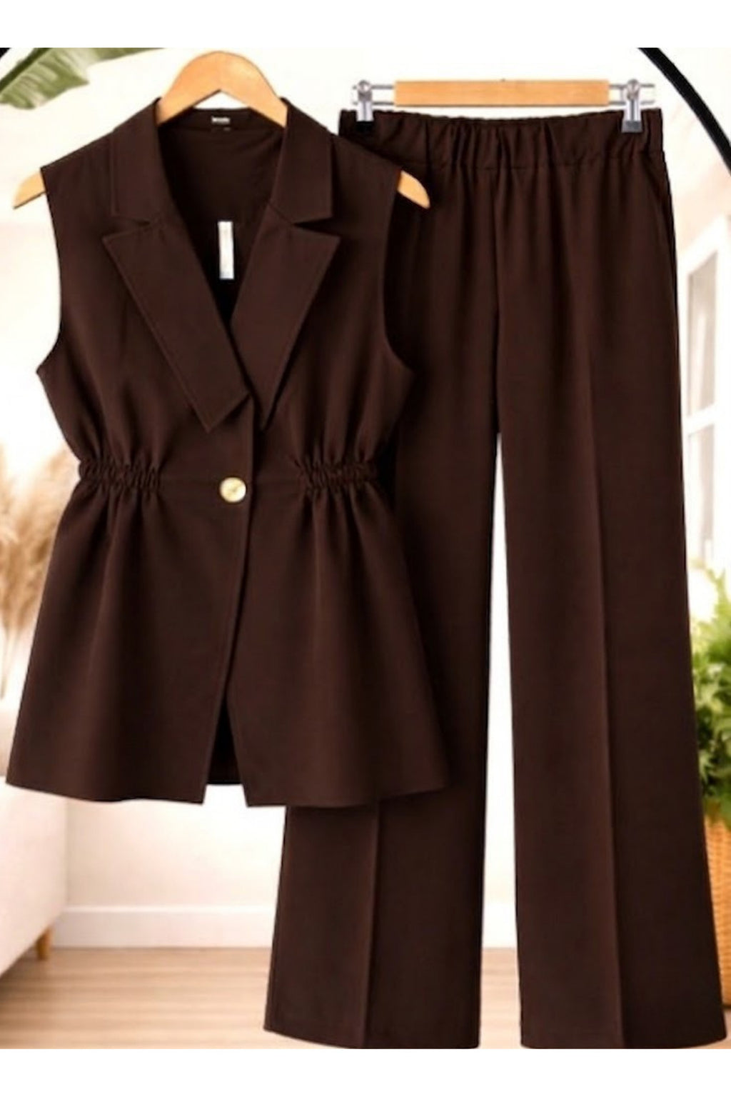 Kahverengi Double Krep Yelek Pantolon Takım