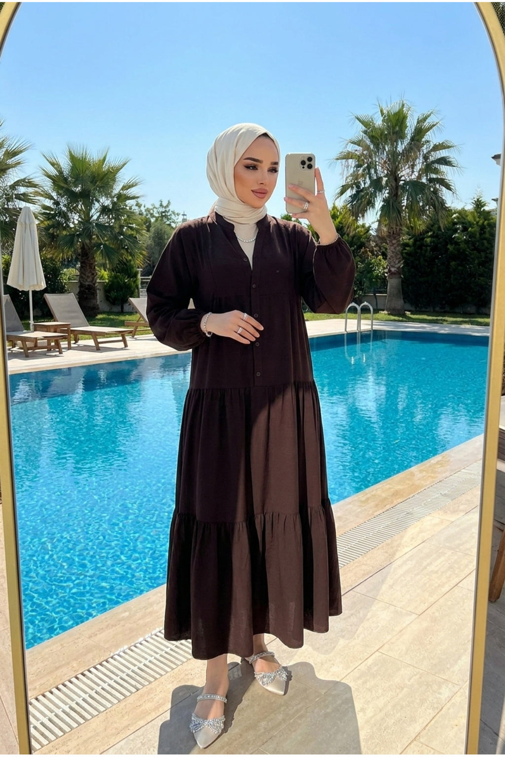 Kadın Modal Kumaş Kat Kat Tesettür Elbise Kahverengi