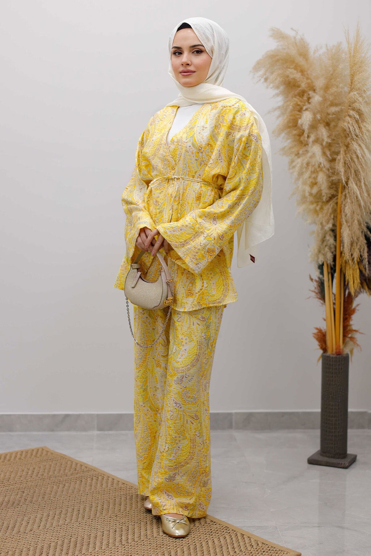 Beli İp Bağlamalı Kimono Takım Sarı
