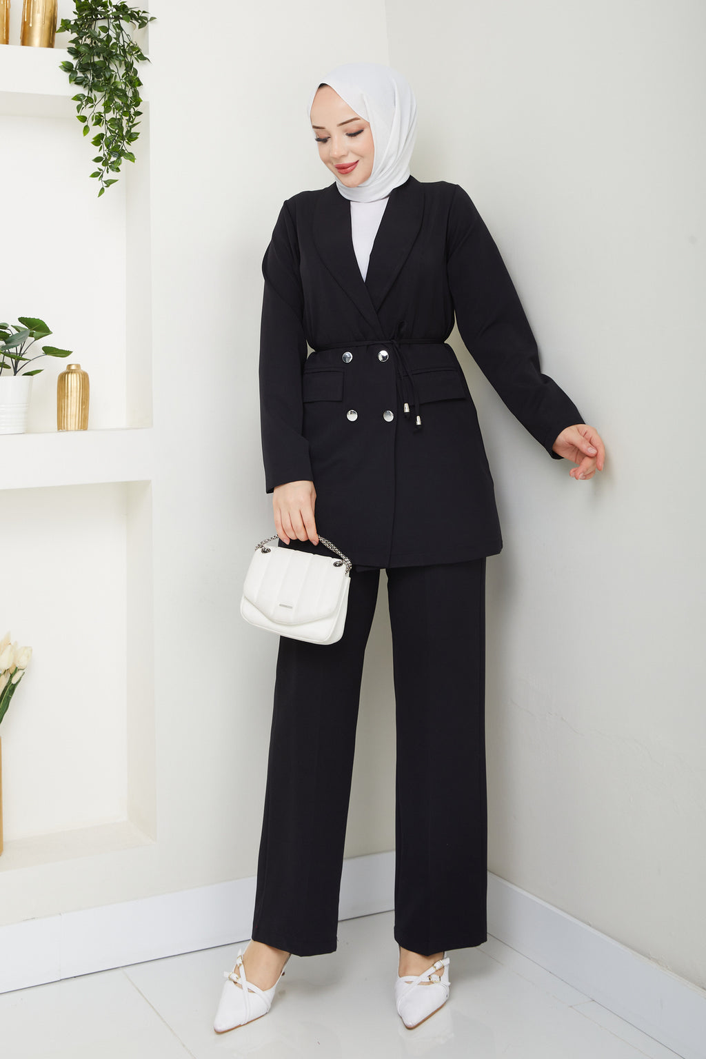 Kadın Bağlamalı Blazer Ceket Pantolonlu Takım