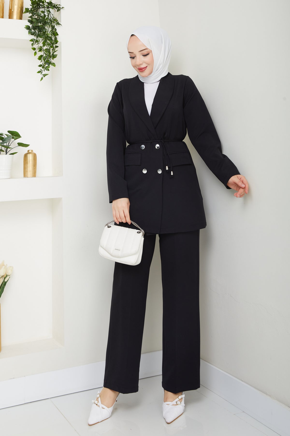 Kadın Bağlamalı Blazer Ceket Pantolonlu Takım