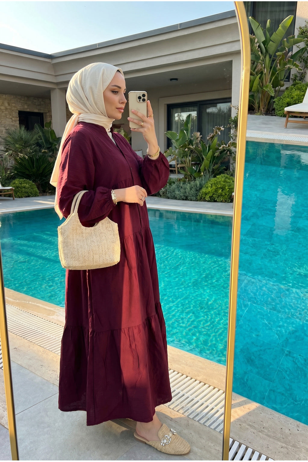 Kadın Modal Kumaş Kat Kat Tesettür Elbise Bordo