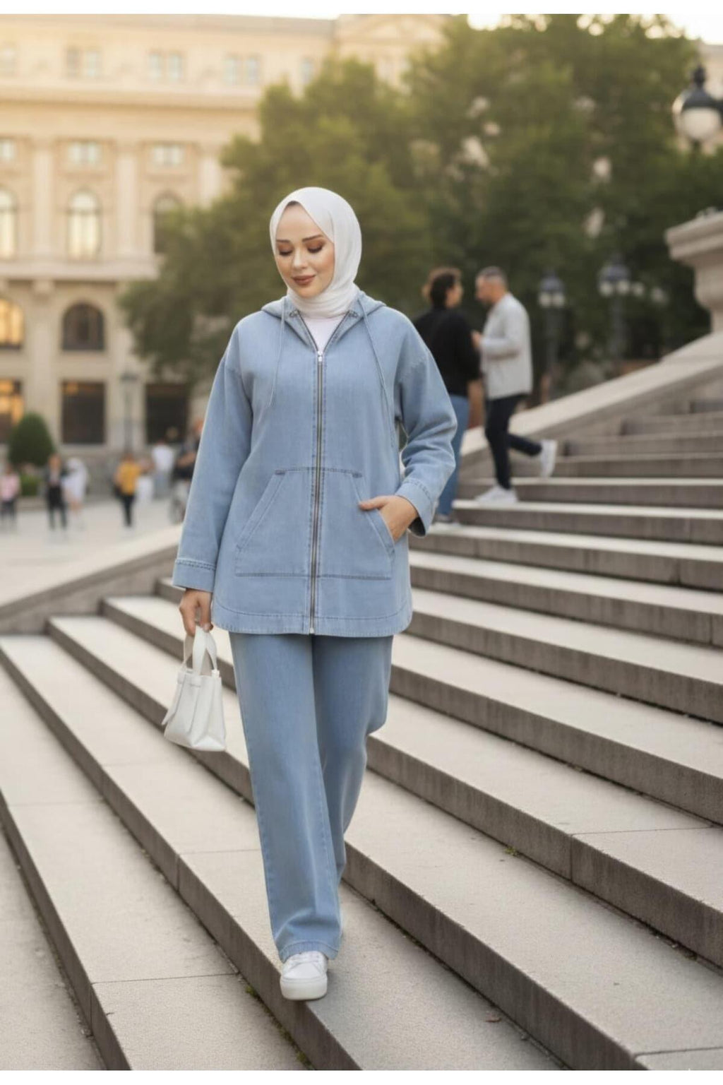 Kadın Kapüşonlu Cepli Kot Mavi Tunik Pantolon Takım