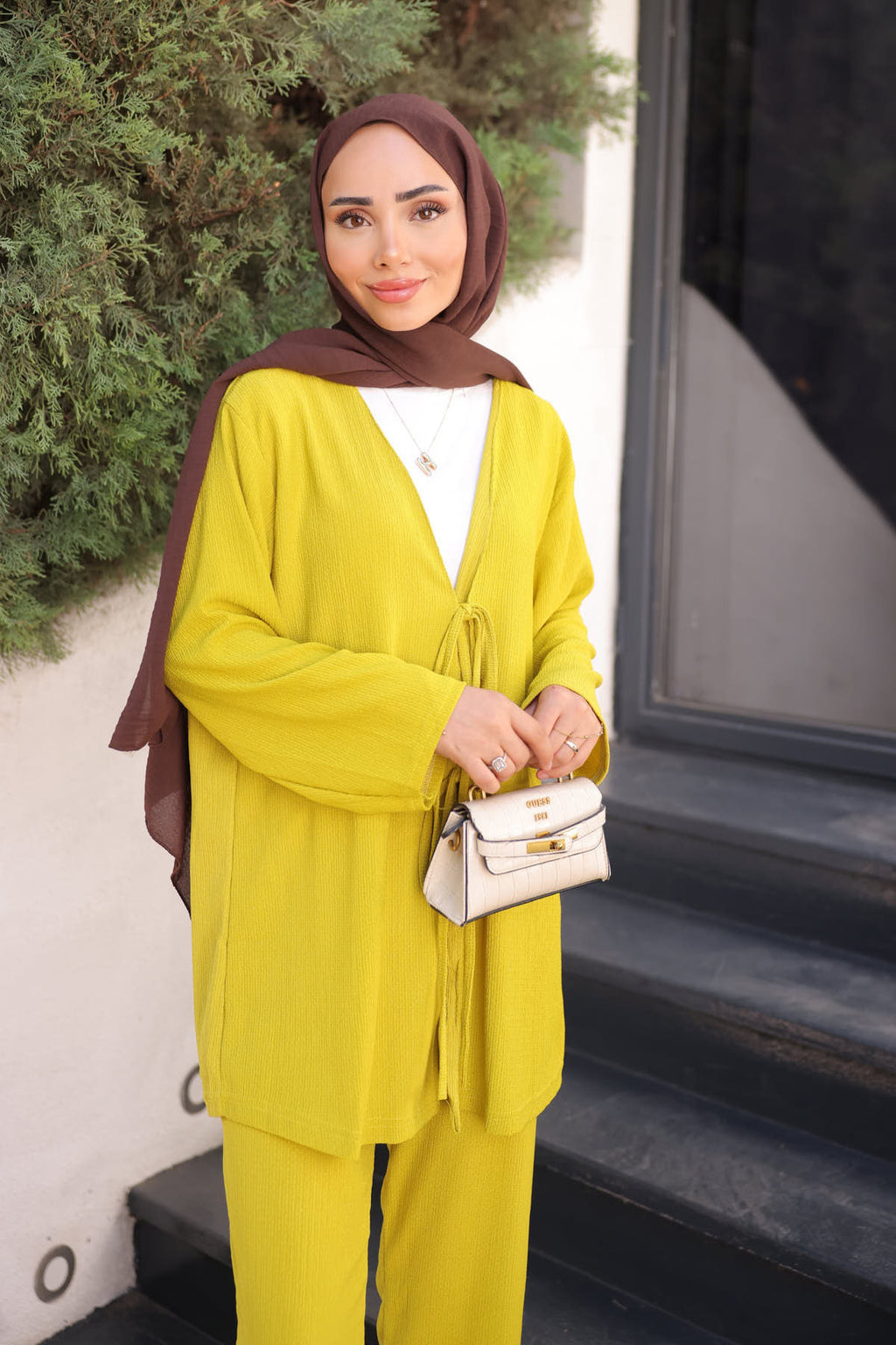 Yağ Yeşili Ön Bağlamalı Bürümcük Kimono Pantolonlu Takım