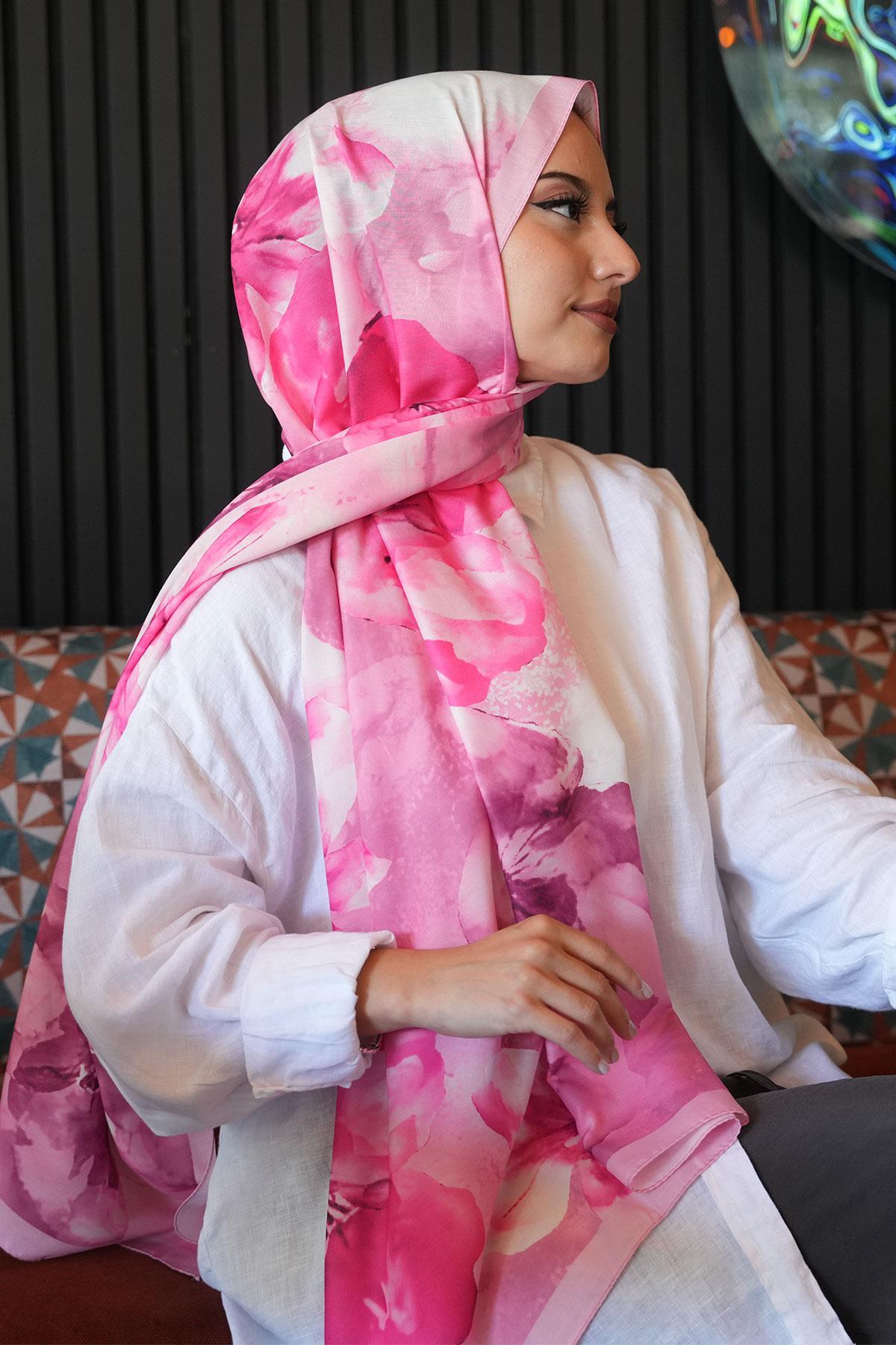 Manolya Çiçek Desen Pembe Soft Pamuk Şal