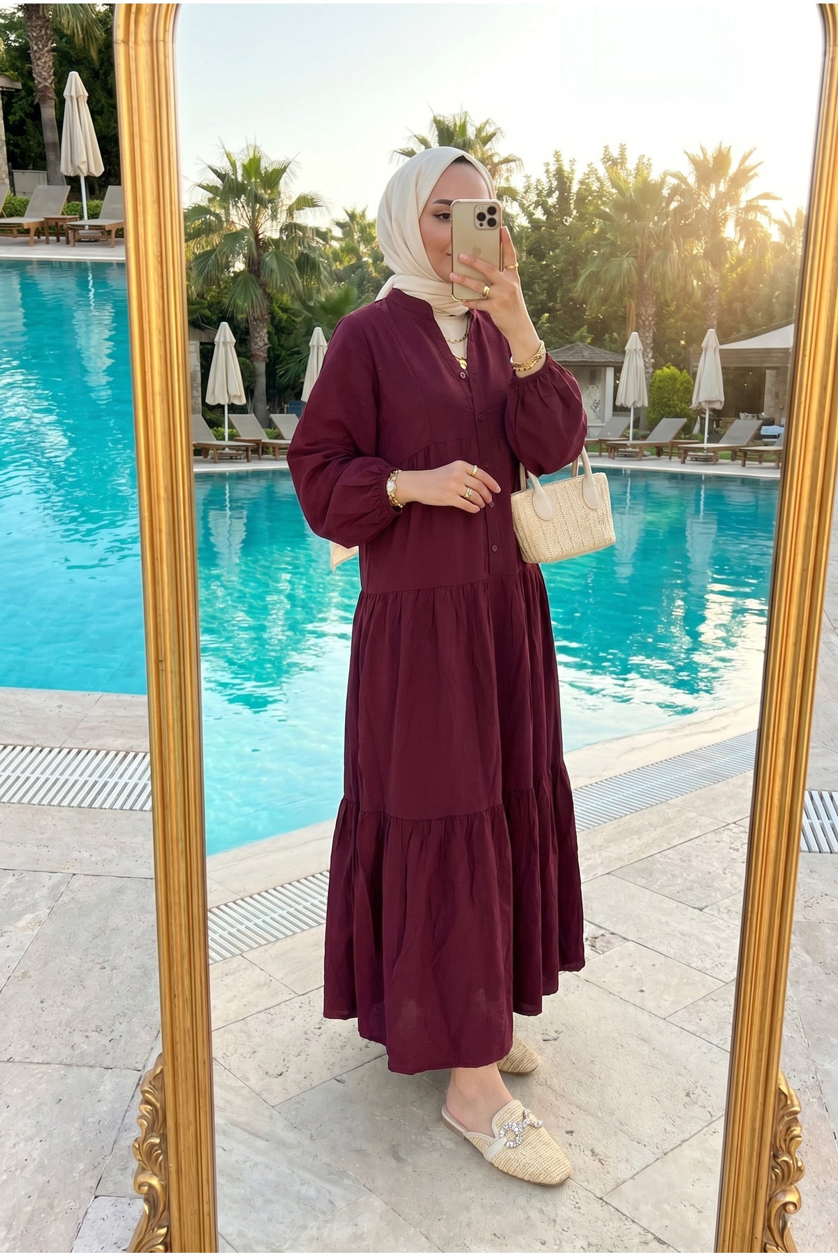 Kadın Modal Kumaş Kat Kat Tesettür Elbise Bordo