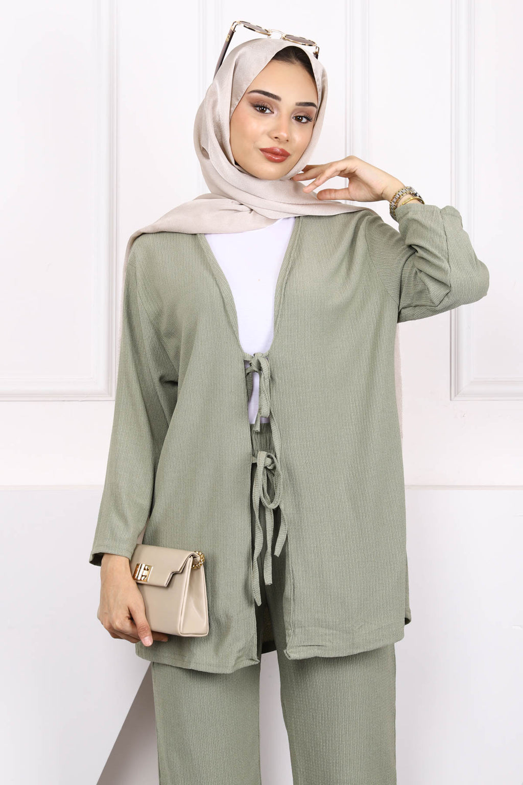 Çağla Ön Bağlamalı Bürümcük Kimono Pantolonlu Takım