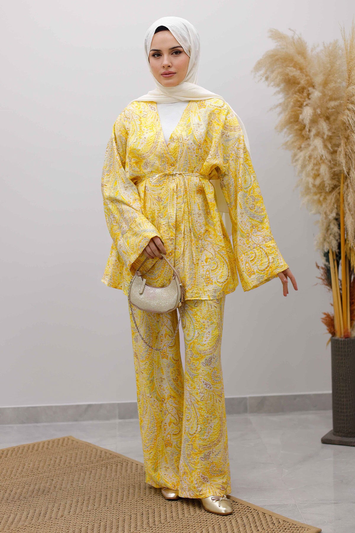 Beli İp Bağlamalı Kimono Takım Sarı