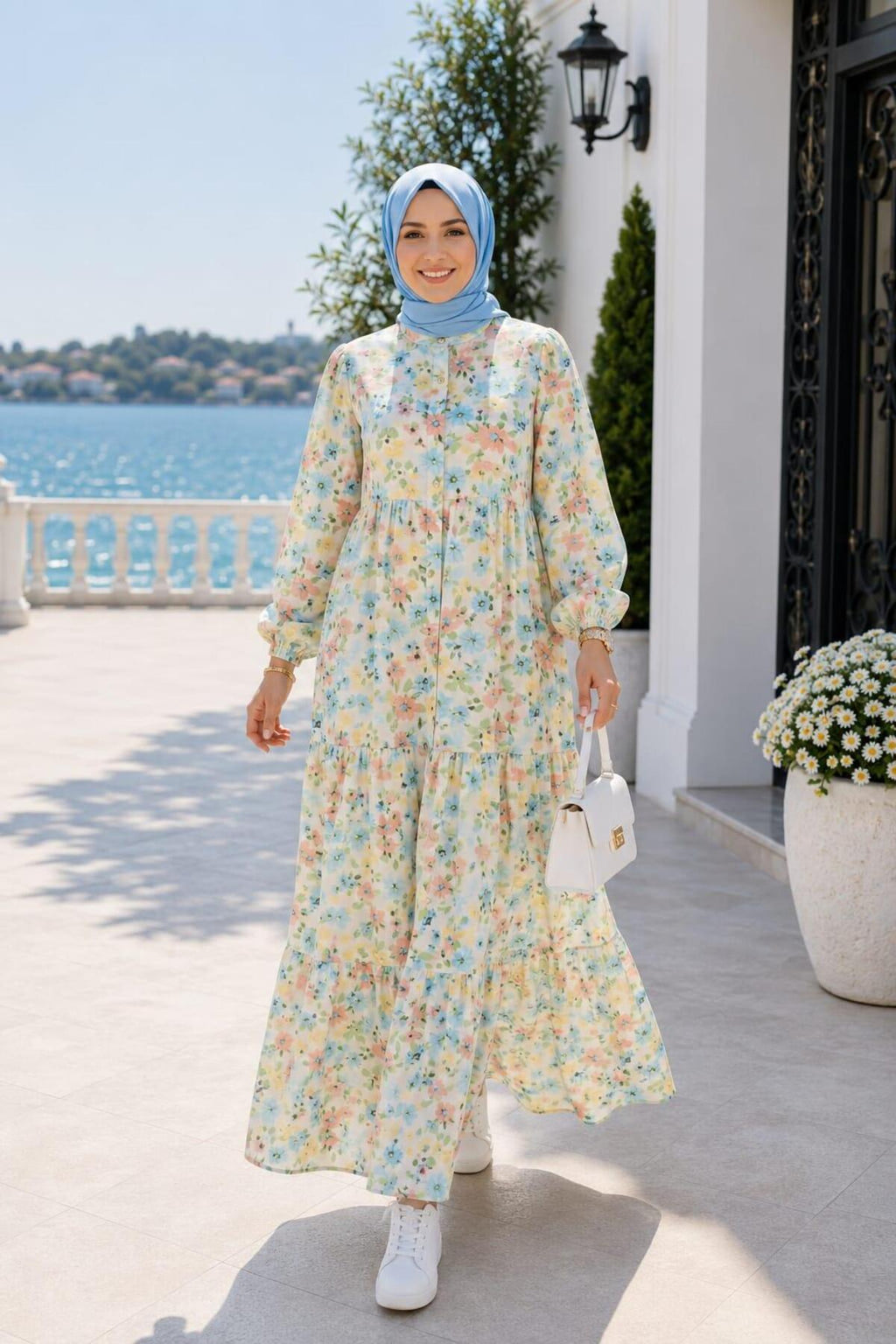 Kadın Düğmeli Desenli Modal Kumaş Bej Elbise