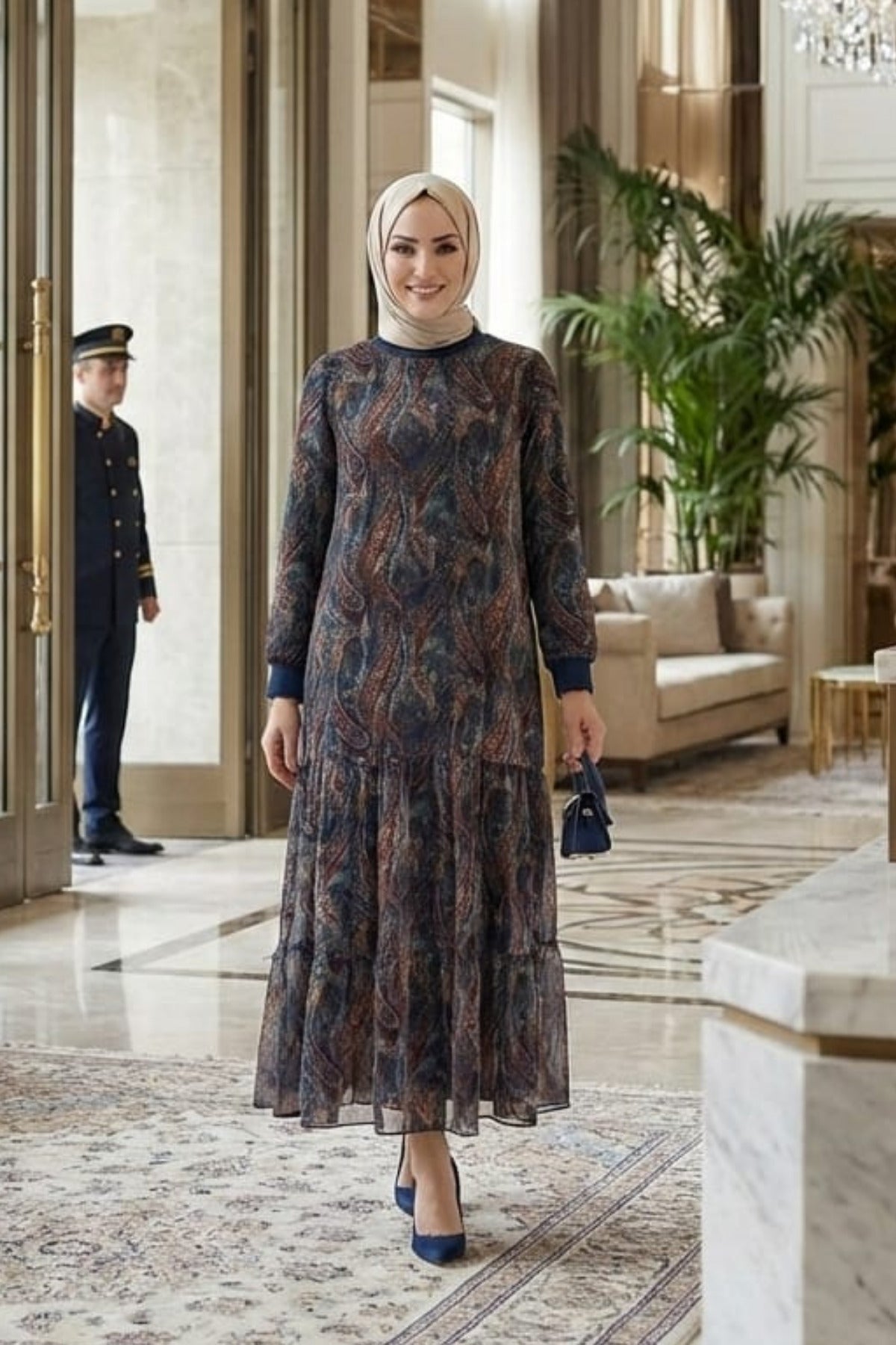 Kadın Astarlı Şal Desen Lacivert Şifon Elbise
