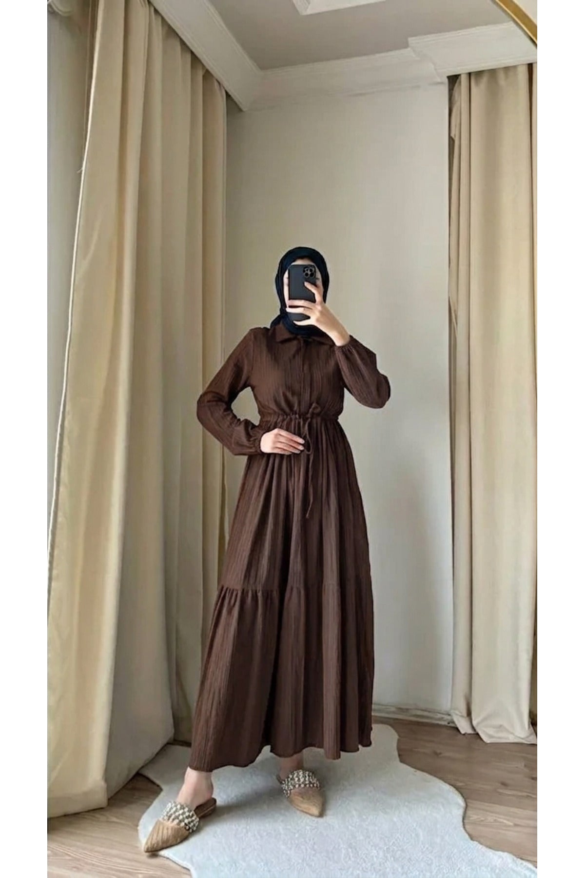%100 Pamuk Bürümcük Kuşaklı Elbise Yazlık Minimalist