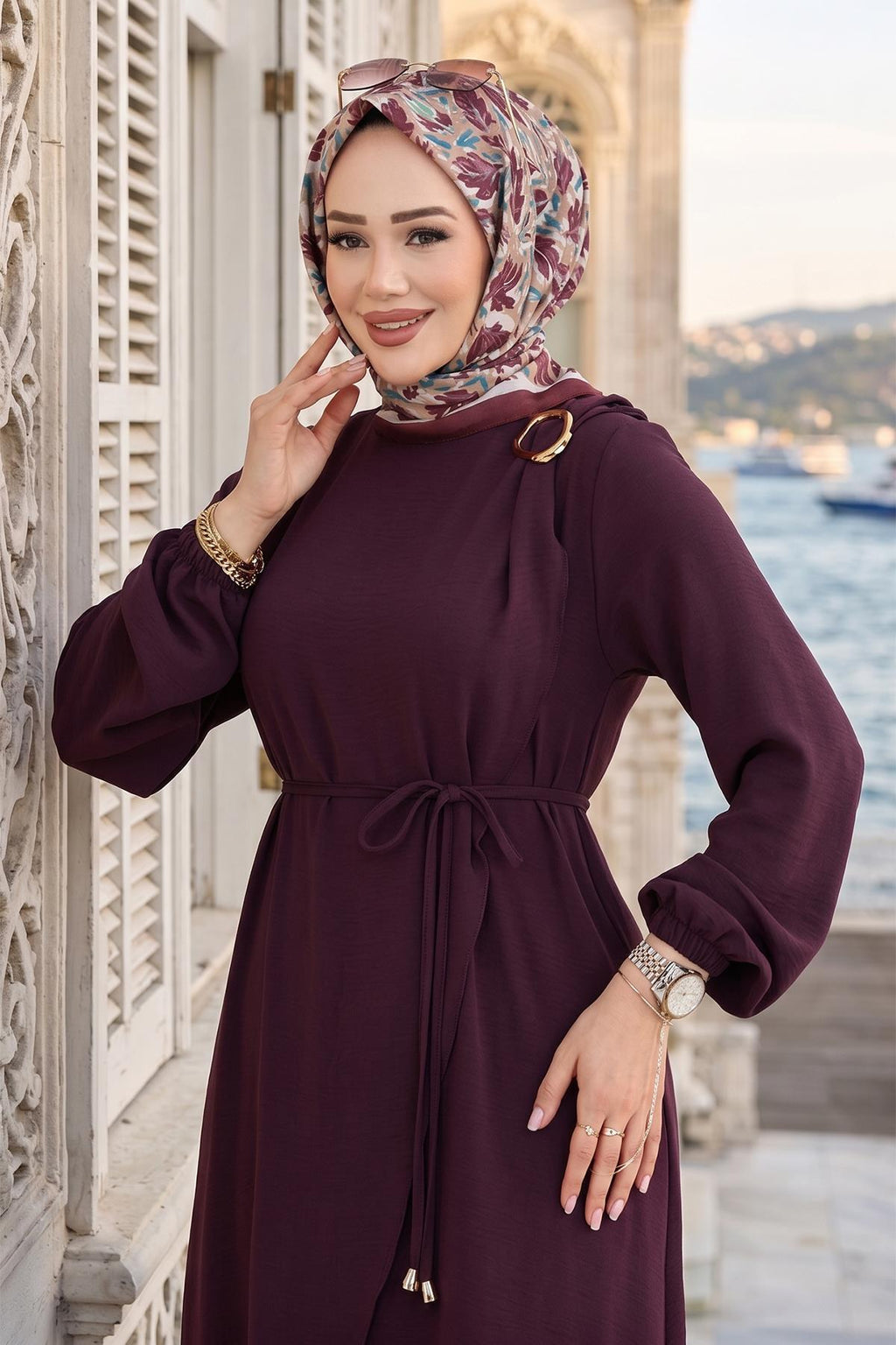 Toka Detaylı Bağlamalı Ayrobin Elbise Mürdüm