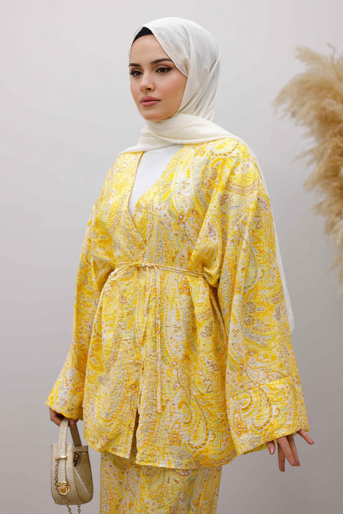 Beli İp Bağlamalı Kimono Takım Sarı