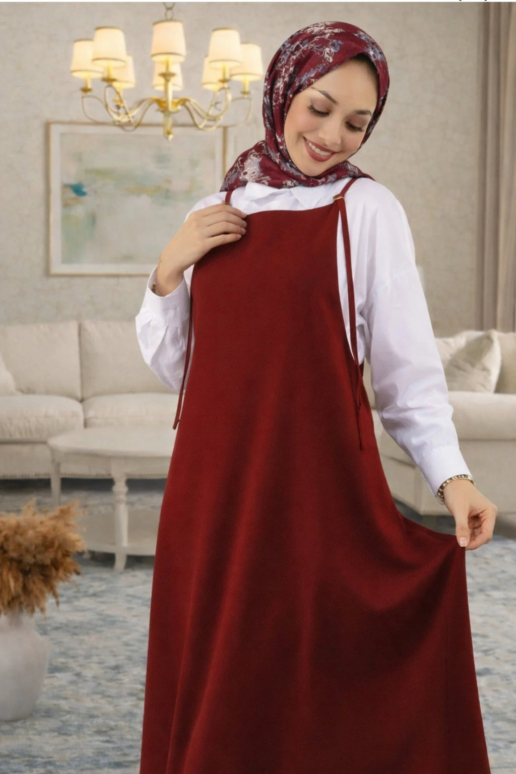 Kadın Bordo Ayarlanabilir İp Askılı Jile Elbise