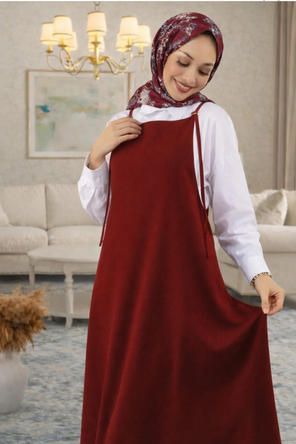 Kadın Bordo Ayarlanabilir İp Askılı Jile Elbise