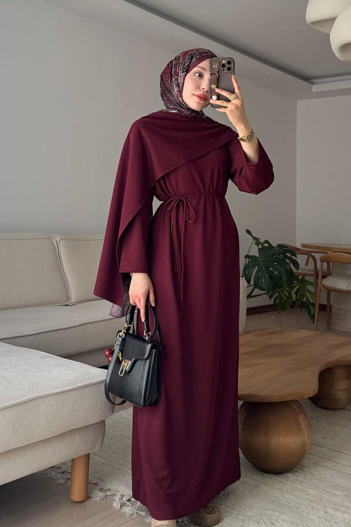 Bordo Şal Yaka Elbise