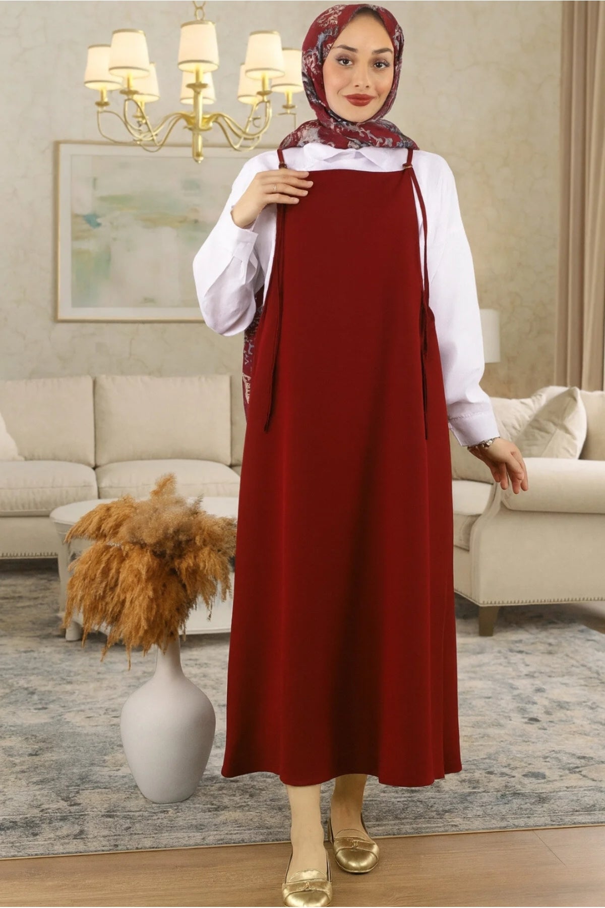 Kadın Bordo Ayarlanabilir İp Askılı Jile Elbise