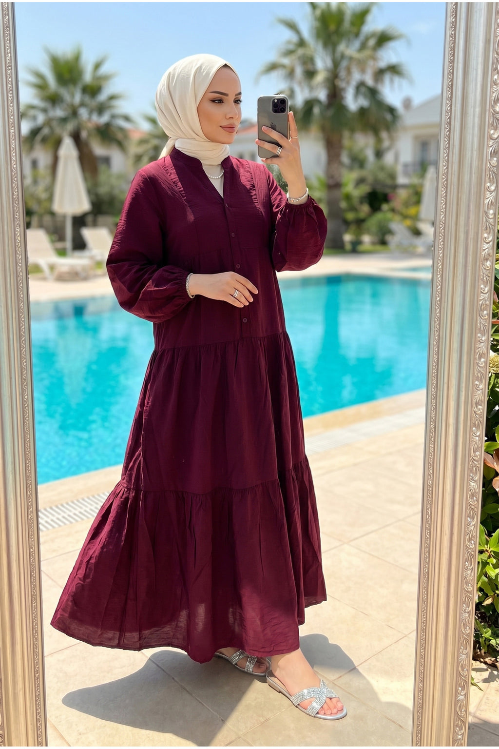 Kadın Modal Kumaş Kat Kat Tesettür Elbise Bordo