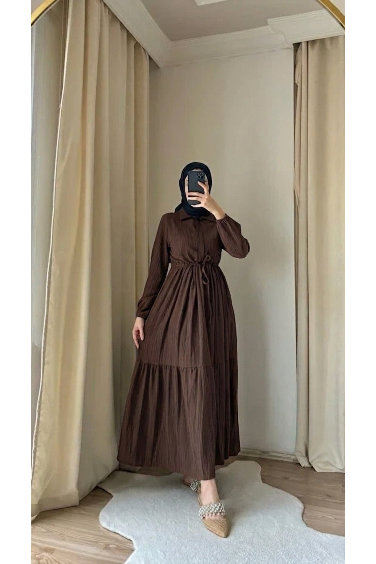 %100 Pamuk Bürümcük Kuşaklı Elbise Yazlık Minimalist