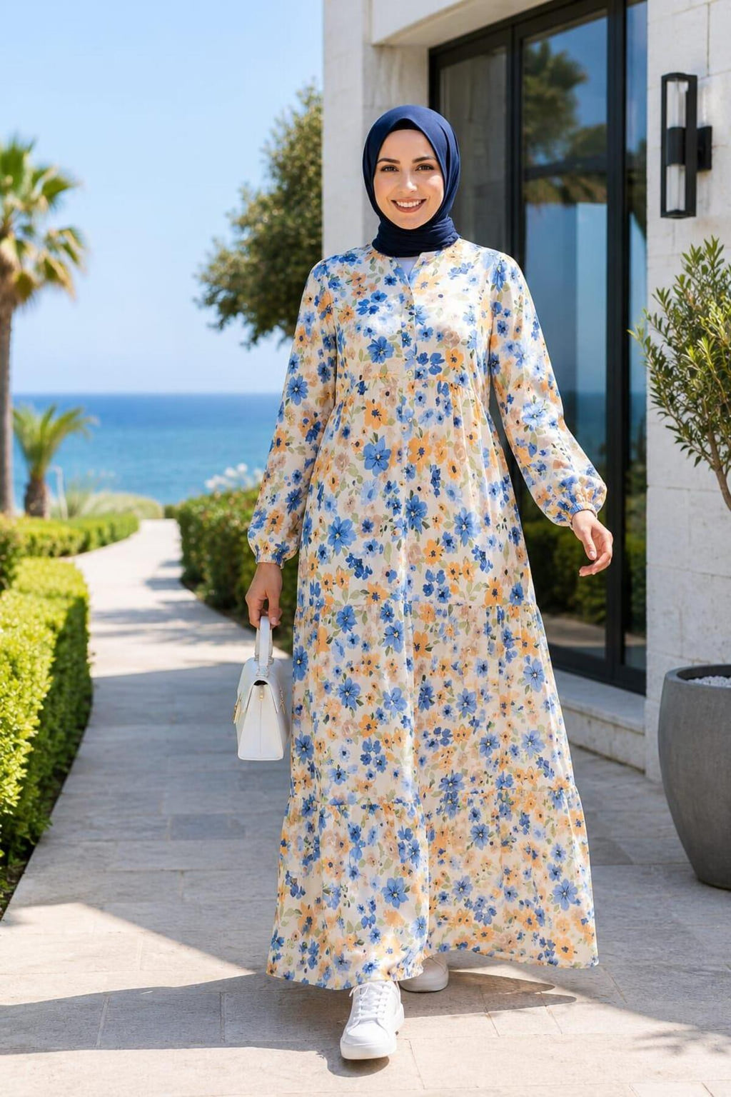 Kadın Düğmeli Desenli Modal Kumaş Mavi Elbise