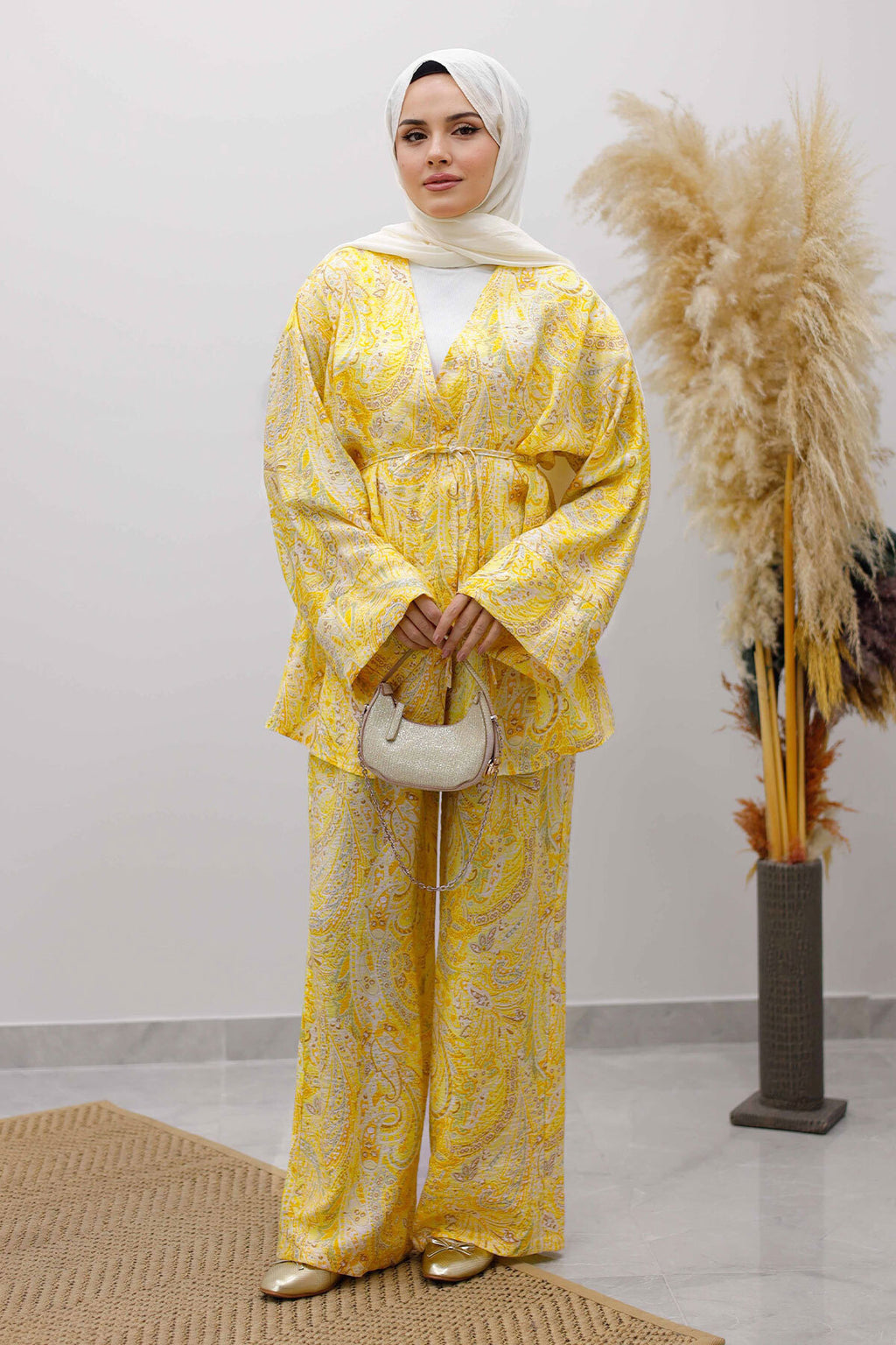 Beli İp Bağlamalı Kimono Takım Sarı