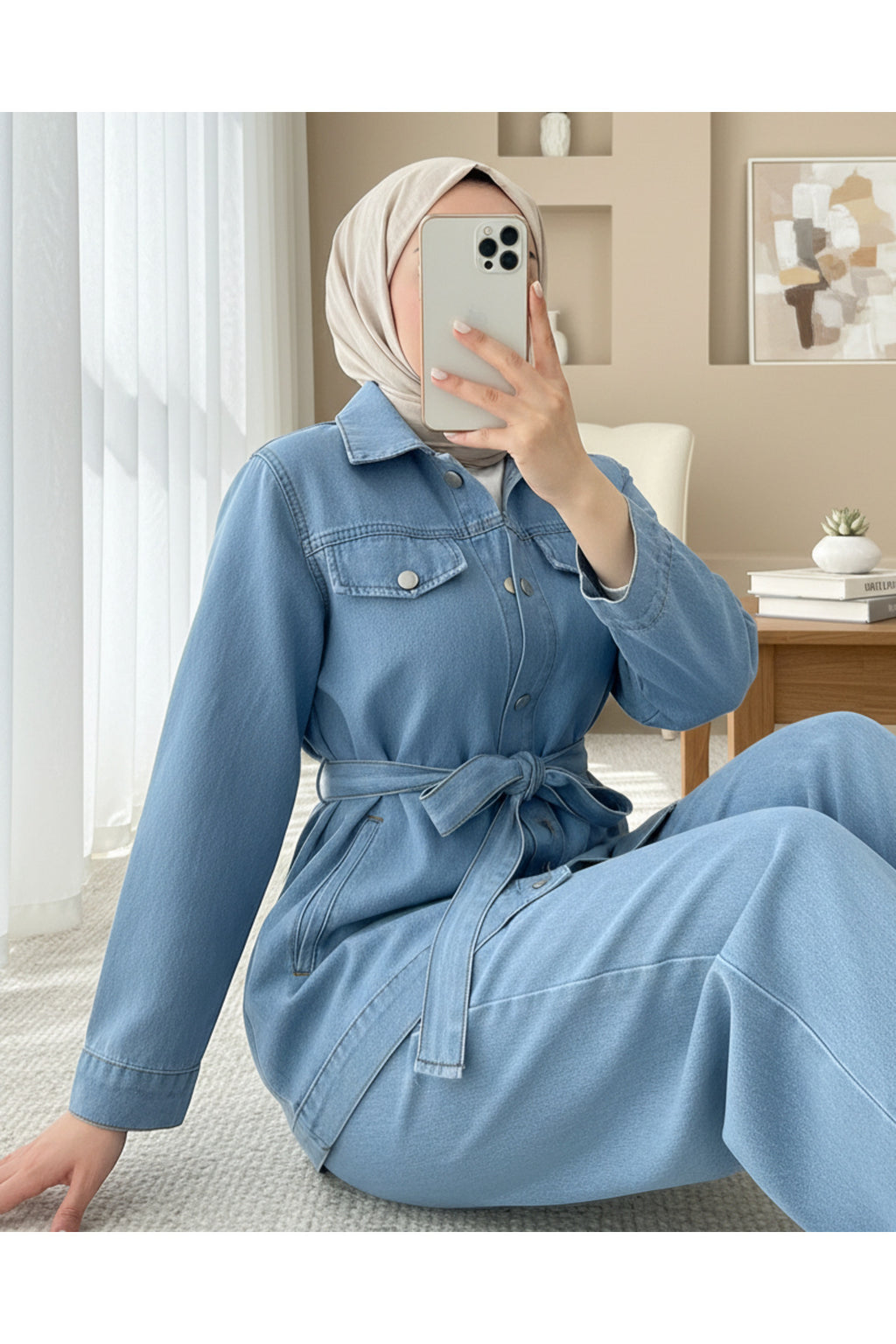 Düğmeli Beli Kemerli Cepli Kot İkili Takım