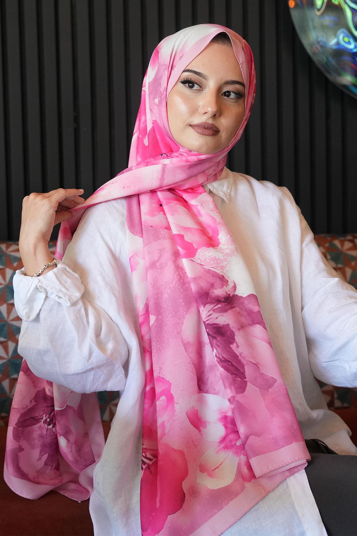 Manolya Çiçek Desen Pembe Soft Pamuk Şal