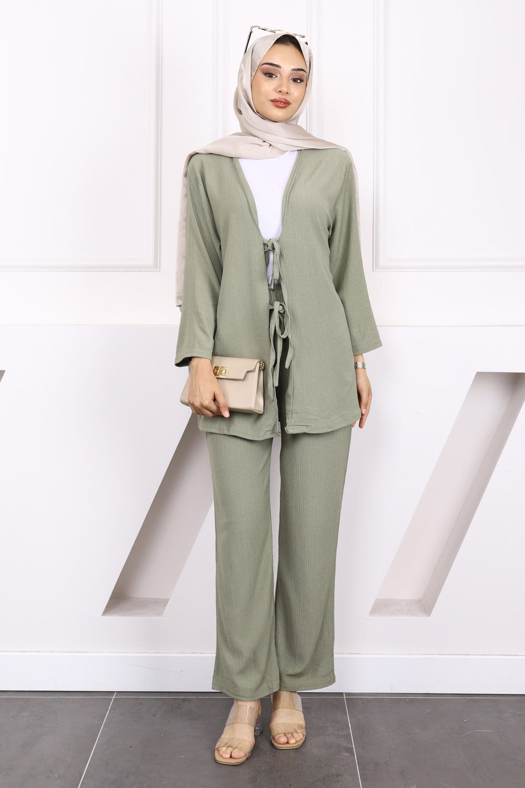 Çağla Ön Bağlamalı Bürümcük Kimono Pantolonlu Takım